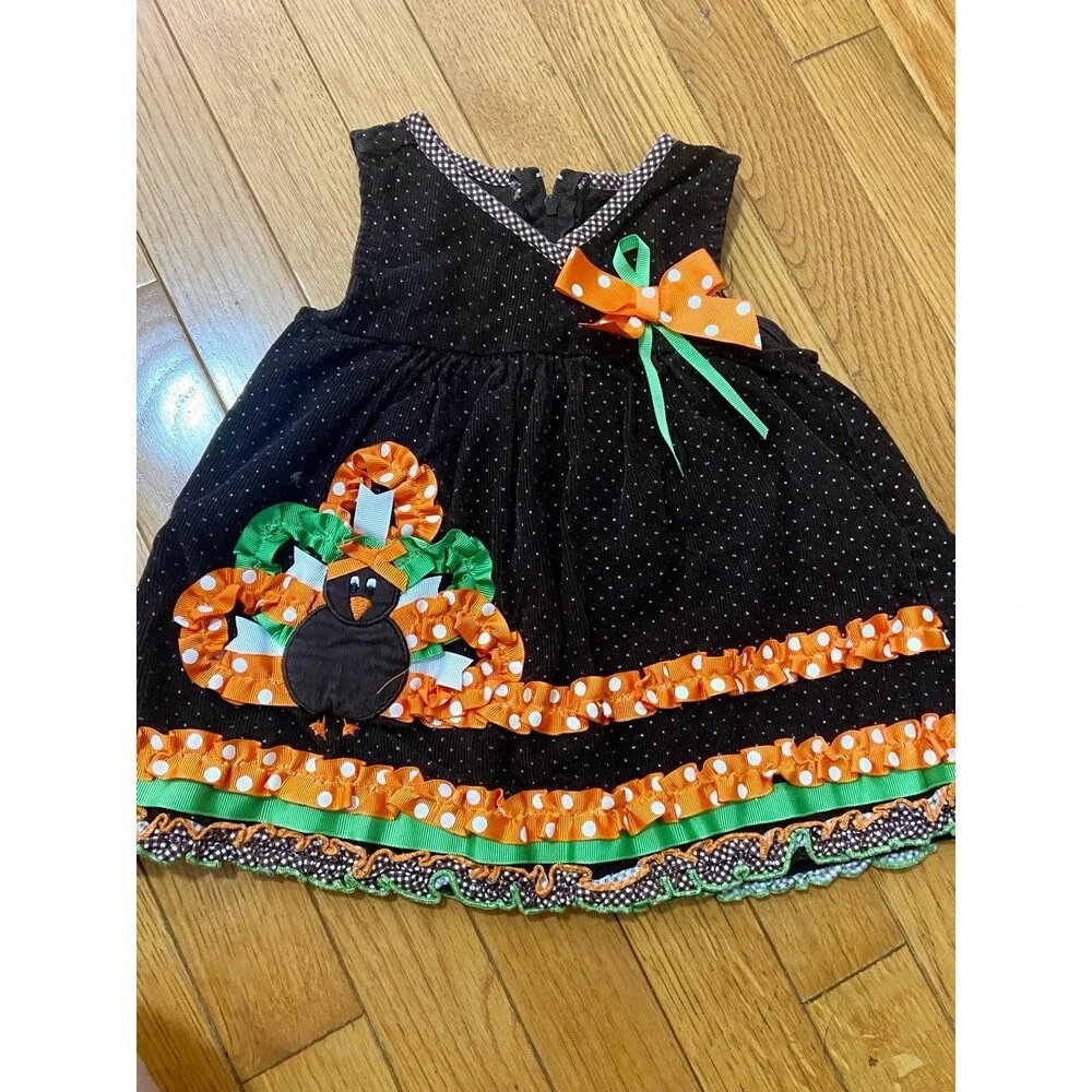 Bonnie Baby Girls Brown Corduroy Turkey Thanksgiving Ruffle Dress 12M